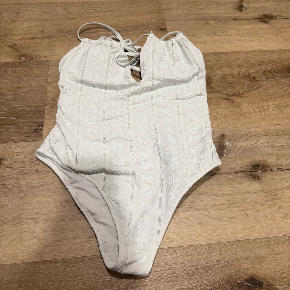 aerie White One-Piece Swimsuit with Embroidered Floral Detail medium long
